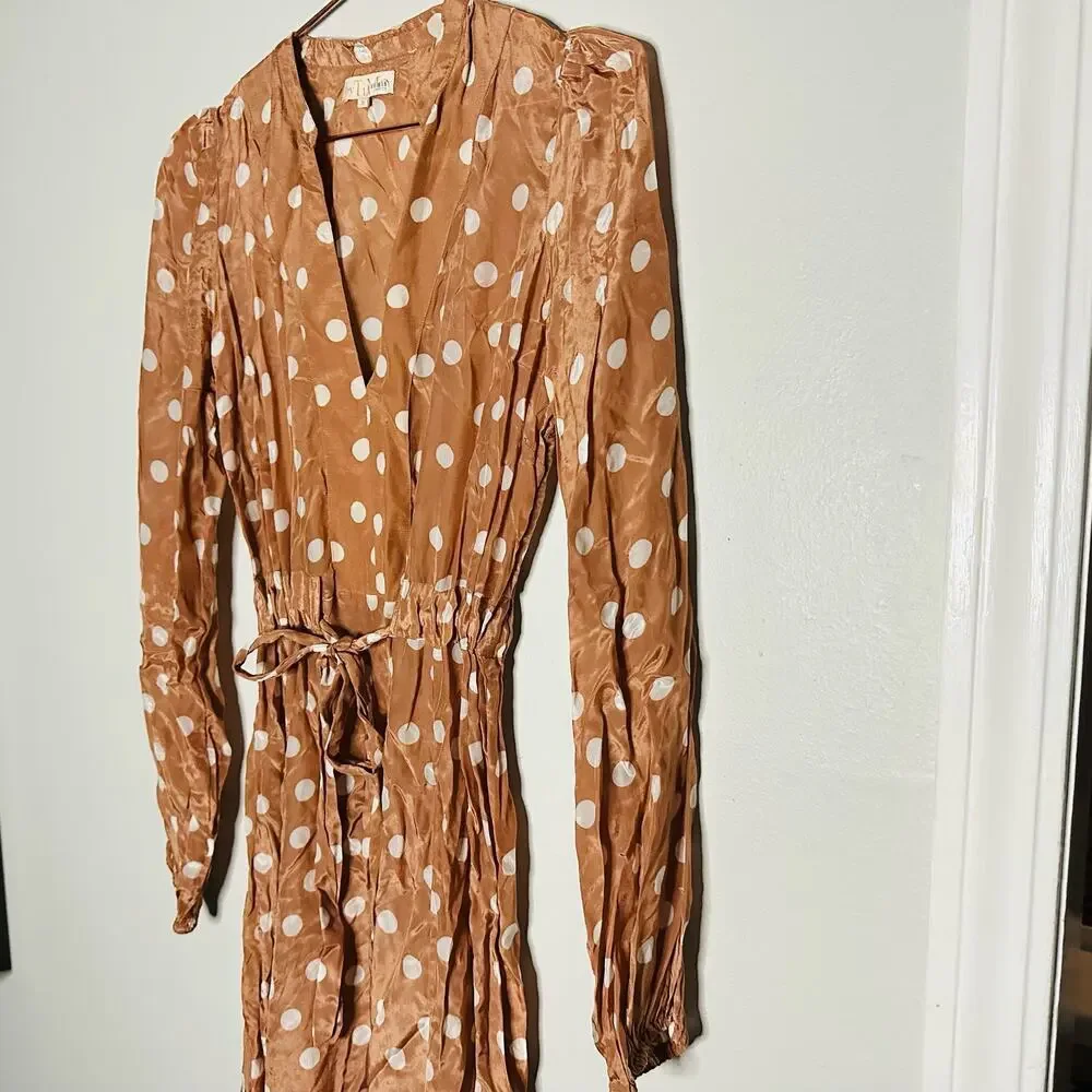 byTiMo Polka Dot Tan White Hourglass V-Neckline Long Sleeve Midi Dress Size S - Picture 10 of 13
